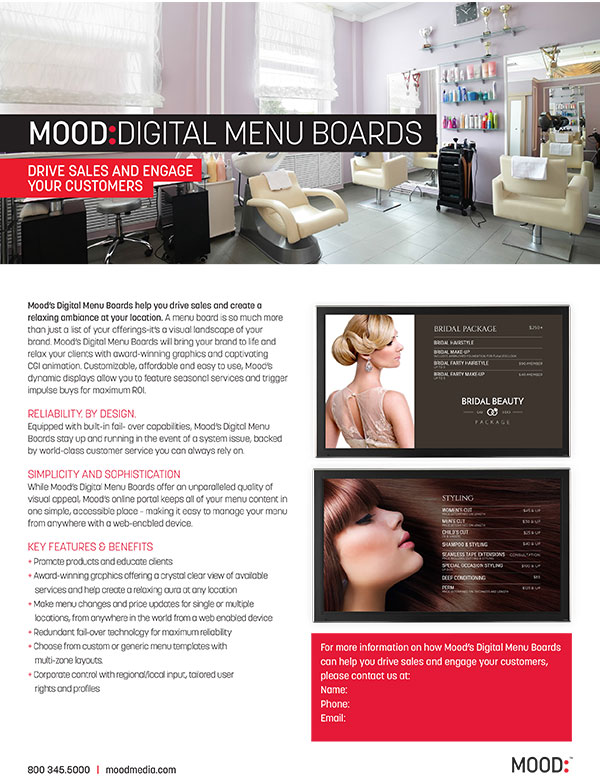 Mood Digital Menu Board One Sheet-Spa Salon